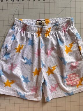 Eric Emanuel White Mesh Shorts with Yellow, Blue & Pink Stars